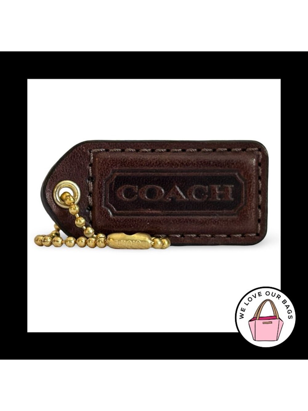 COACH Y2K VINTAGE Hang Tag 2" Dark Brown Leather Bag Charm Keychain Fob Brass